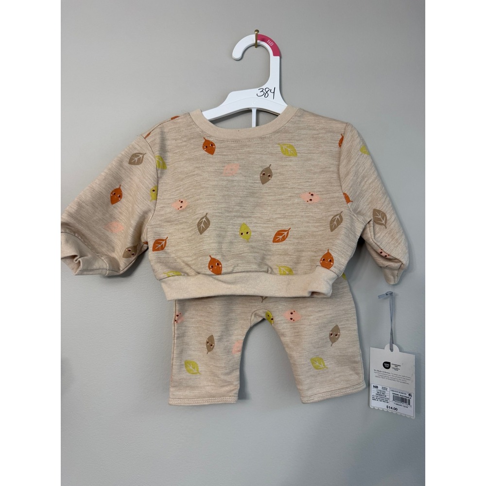 Cloud Island 2-Piece Set Baby Newborn Beige Leaf Print Sweatshirt Pants NWT